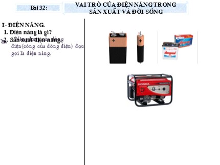 Bài giảng Công nghệ Lớp 9 - Bài 32: Vai trò của điện năng trong sản xuất và đời sống