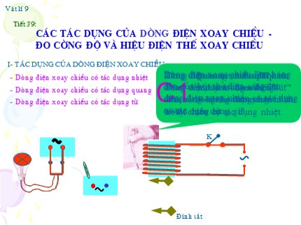 Bài giảng Vật lý 9 - Tiết 39: Các tác dụng của dòng điện xoay chiều - Đo cường độ và hiệu điện thế xoay chiều