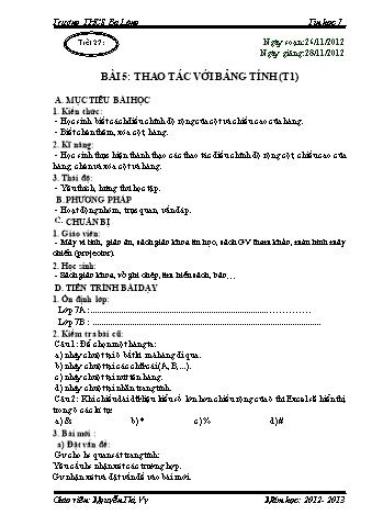 Giáo án Tin học 7 - Tiết 27: Thao tác với bảng tính (Tiết 1) - Nguyễn Thị Vy