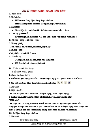 Giáo án Tin học Khối 6 - Bài 17: Định dạng đoạn văn bản