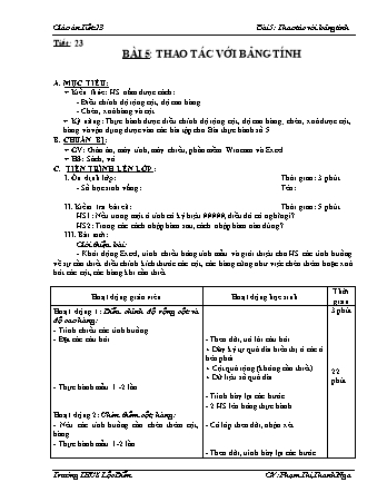 Giáo án Tin học Khối 7 - Bài 5: Các thao tác với bảng tính - Phạm Thị Thanh Nga