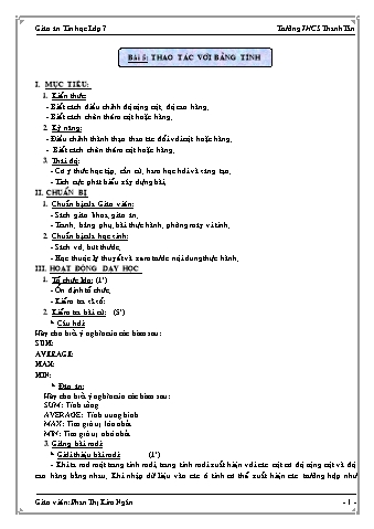 Giáo án Tin học Khối 7 - Bài 5: Các thao tác với bảng tính - Phan Thị Kim Ngân
