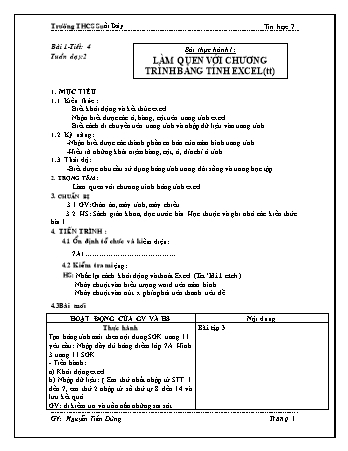 Giáo án Tin học Lớp 7 - Bài thực hành 1: Làm quen với chương trình bảng tính Excel (Tiếp theo) - Nguyễn Tiến Dũng