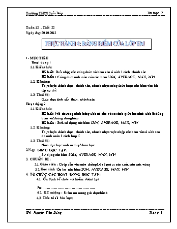 Giáo án Tin học Lớp 7 - Tiết 22: Thực hành 4 - Bảng điểm của lớp em - Nguyễn Tiến Dũng