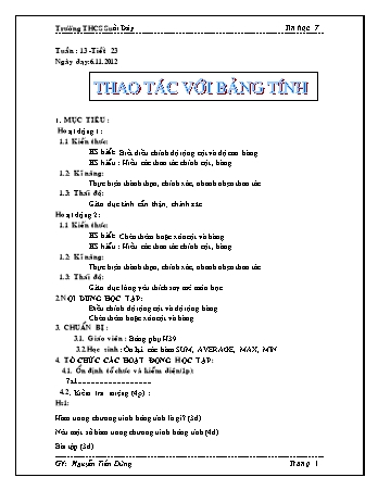 Giáo án Tin học Lớp 7 - Tiết 23: Thao tác với bảng tính - Nguyễn Tiến Dũng