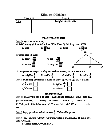 2 Đề kiểm tra Hình học Lớp 9