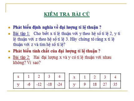 Bài giảng Đại số Lớp 7 - Tiết 24: Một số bài toán về đại lượng tỉ lệ thuận