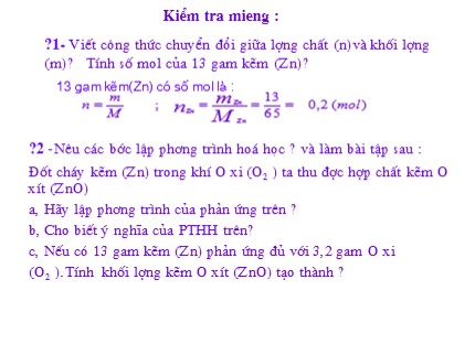 Bài giảng Hóa học Lớp 8 - Bài 22: Tính theo phương trình hóa học (Chuẩn nhất)