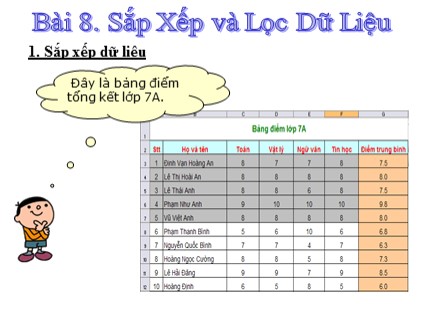 Bài giảng Tin học 7 - Bài 8: Sắp xếp và lọc dữ liệu (Bản đẹp)