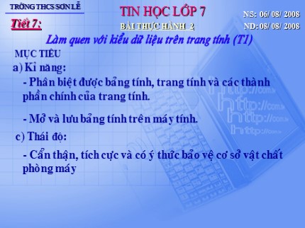 Bài giảng Tin học 7 - Bài thực hành 2: Làm quen với kiểu dữ liệu trên trang tính (Tiết 1) - Trường THCS Sơn Lễ