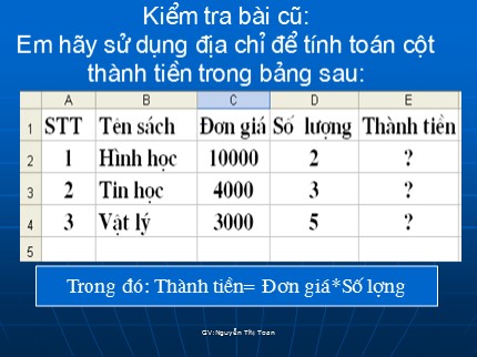 Bài giảng Tin học 7 - Tiết 17: Sử dụng các hàm để tính toán - Nguyễn Thị Toan