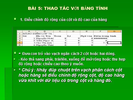 Bài giảng Tin học Lớp 7 - Bài 5: Thao tác với bảng tính (Bản chuẩn)