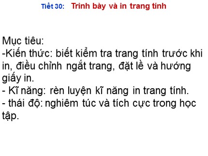 Bài giảng Tin học Lớp 7 - Tiết 30: Trình bày và in trang tính