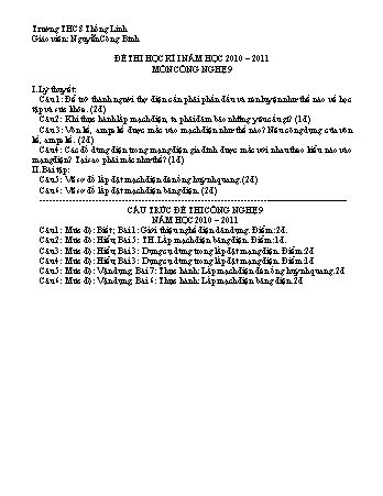 Cấu trúc và đề thi học kỳ 1 môn Công nghệ Lớp 9 - Nguyễn Công Bình