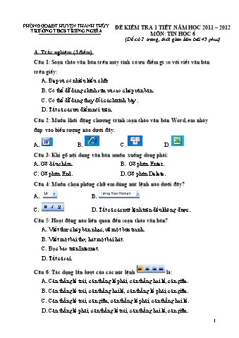 Đề kiểm tra 1 tiết môn Tin học 6 - Năm 2011-2012 - Trường THCS Trung Nghĩa