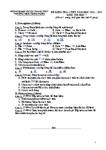Đề kiểm tra 1 tiết môn Tin học Lớp 7 - Năm học 2011-2012 - Trường THCS Trung Nghĩa (Có đáp án)