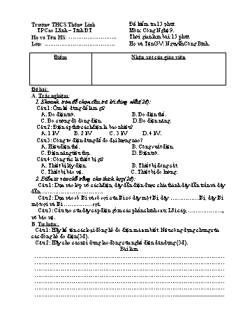 Đề kiểm tra 15 phút Tiết 10 môn Công nghệ 9 - Nguyễn Công Bình