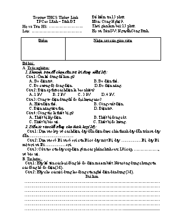 Đề kiểm tra 15 phút Tiết 10 môn Công nghệ Lớp 9 - Nguyễn Công Bình