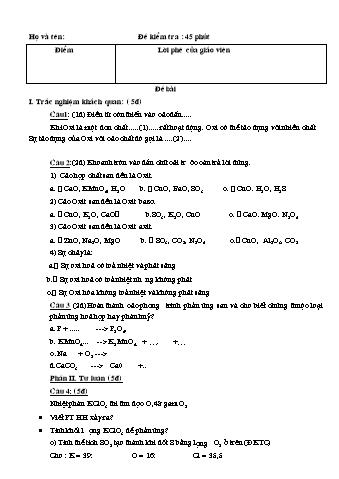 Đề kiểm tra 45 phút môn Hóa học 8