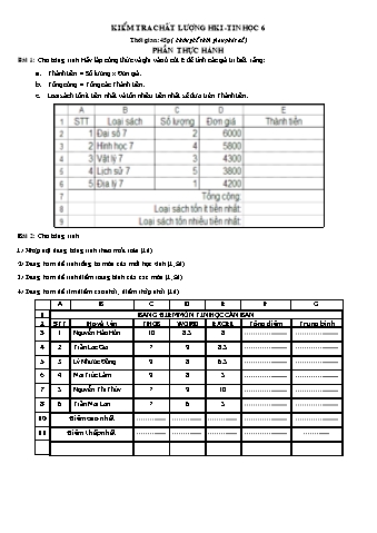 Đề kiểm tra chất lượng học kỳ I môn Tin học 6 - Phần thực hành