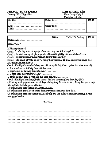 Đề kiểm tra học kỳ II Công nghệ Lớp 7 - Trường THCS Ngọc Hòa