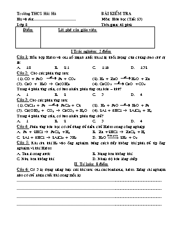 Đề kiểm tra môn Hóa học Lớp 8 - Trường THCS Hải Hà