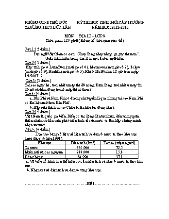Đề thi chọn học sinh giỏi cấp trường môn Địa lý Lớp 8 - Năm học 2012-2013 - Trường THCS Đức Lân (Có đáp án)