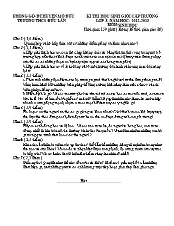 Đề thi chọn học sinh giỏi cấp trường môn Sinh học Lớp 8 - Năm học 2012-2013 - Trường THCS Đức Lân (Có đáp án)