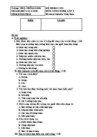 Đề thi học kỳ 1 môn Công nghệ Lớp 9 - Nguyễn Công Bình (Có đáp án)