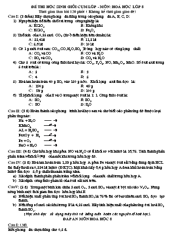 Đề thi học sinh giỏi cụm môn Hóa học Lớp 8 (Có đáp án)