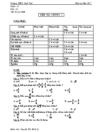 Giáo án Đại số Lớp 7 - Tiết 24: Kiểm tra Chương I - Nguyễn Thị Bích Ly