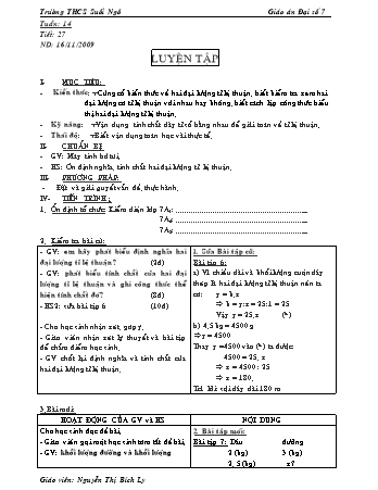 Giáo án Đại số Lớp 7 - Tiết 27: Luyện tập - Nguyễn Thị Bích Ly