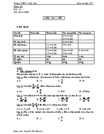 Giáo án Đại số Lớp 7 - Tiết 32: Kiểm tra 1 tiết - Nguyễn Thị Bích Ly