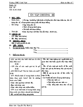 Giáo án Đại số Lớp 7 - Tiết 49: Ôn tập Chương III - Nguyễn Thị Bích Ly