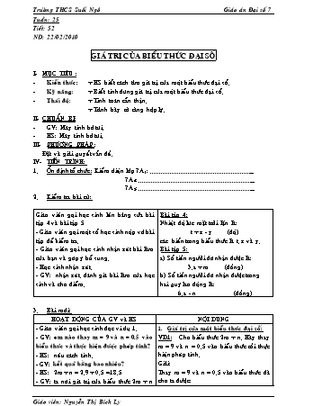 Giáo án Đại số Lớp 7 - Tiết 52: Giá trị của biểu thức đại số - Nguyễn Thị Bích Ly