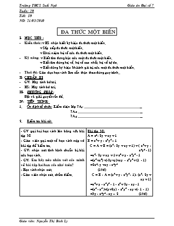 Giáo án Đại số Lớp 7 - Tiết 59: Đa thức một biến - Nguyễn Thị Bích Ly