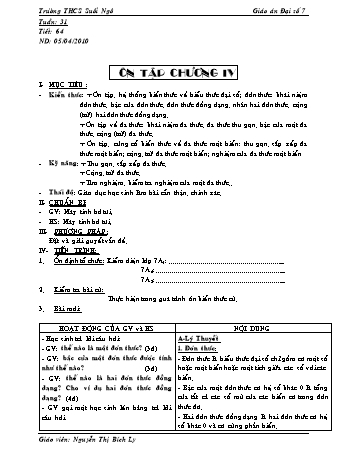 Giáo án Đại số Lớp 7 - Tiết 64: Ôn tập Chương IV - Nguyễn Thị Bích Ly