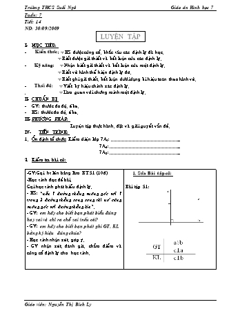 Giáo án Hình học Lớp 7 - Tiết 14: Luyện tập - Nguyễn Thị Bích Ly