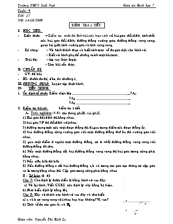 Giáo án Hình học Lớp 7 - Tiết 17: Kiểm tra 1 tiết - Nguyễn Thị Bích Ly