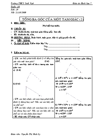 Giáo án Hình học Lớp 7 - Tiết 19: Tổng ba góc của một tam giác - Nguyễn Thị Bích Ly