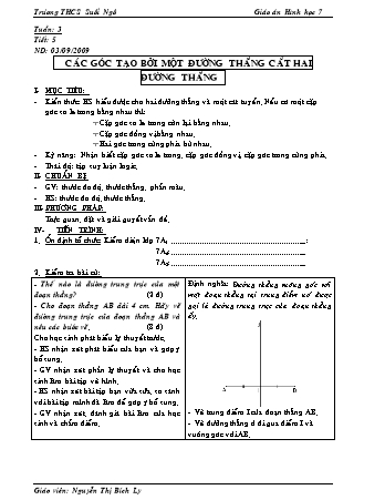 Giáo án Hình học Lớp 7 - Tiết 5: Các góc tạo bởi một đường thẳng cắt hai đường thẳng - Nguyễn Thị Bích Ly