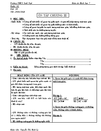 Giáo án Hình học Lớp 7 - Tiết 62: Ôn tập Chương III - Nguyễn Thị Bích Ly