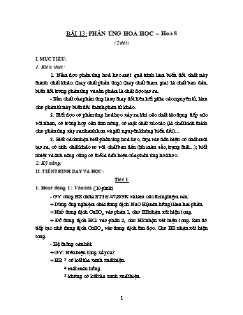 Giáo án Hóa học 8 - Bài 13: Phản ứng hoá học (2 tiết)