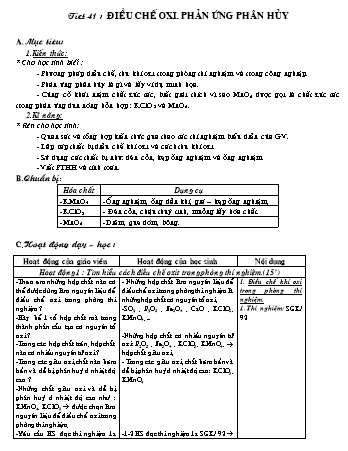 Giáo án Hóa học 8 - Tiết 41: Điều chế oxi. Phản ứng phân hủy