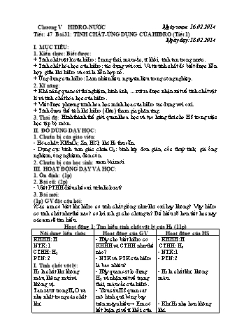 Giáo án Hóa học Khối 8 - Bài 31: Tính chất - Ứng dụng của hiđro (Tiết 1) - Nguyễn Thị Hoa