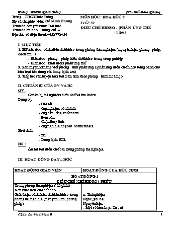 Giáo án Hóa học Khối 8 - Tiết 50: Điều chế hidro - Phản ứng thế (1 tiết) - Đỗ Minh Phượng