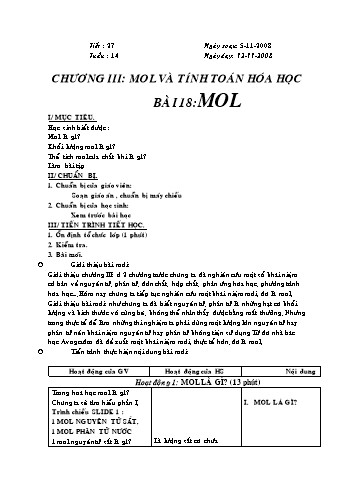 Giáo án Hóa học Lớp 8 - Bài 18: Mol