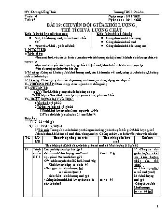 Giáo án Hóa học Lớp 8 - Bài 19: Chuyển đổi giữa khối lượng, thể tích và lượng chất - Dương Hồng Thảo