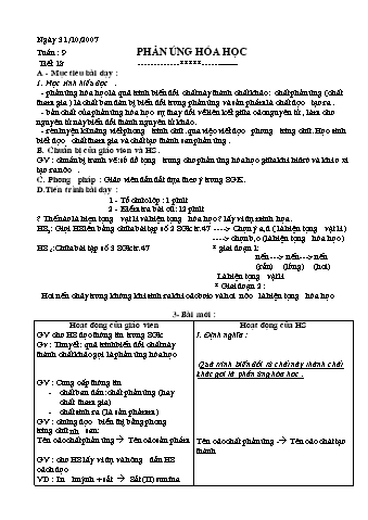 Giáo án Hóa học Lớp 8 - Tiết 18: Phản ứng hóa học (Bản chuẩn)