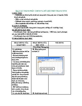 Giáo án Tin học 7 - Bài 2: Các thành phần chính và dữ liệu trên trang tính